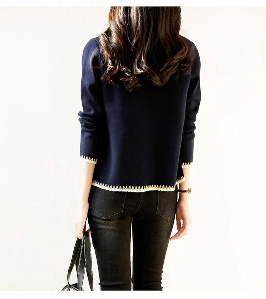 大安売りノーカラーカーディガン　ゴージャス　上品　長袖　ネイビー　パイピング　ほっそり効果大 20代30代40代50代　ミセス