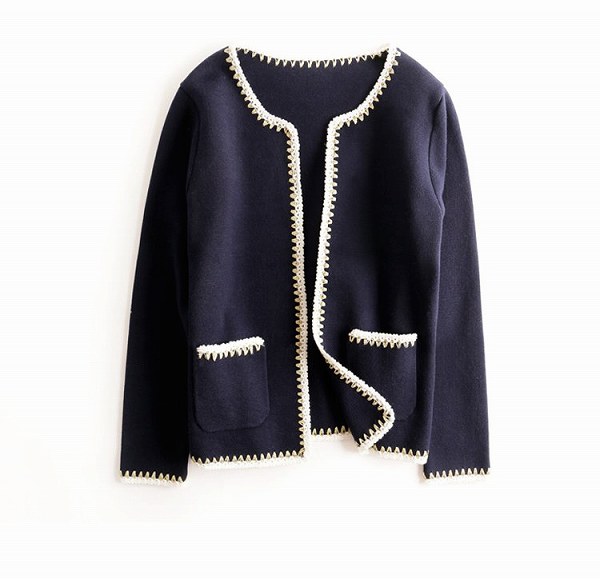 大安売りノーカラーカーディガン　ゴージャス　上品　長袖　ネイビー　パイピング　ほっそり効果大 20代30代40代50代　ミセス