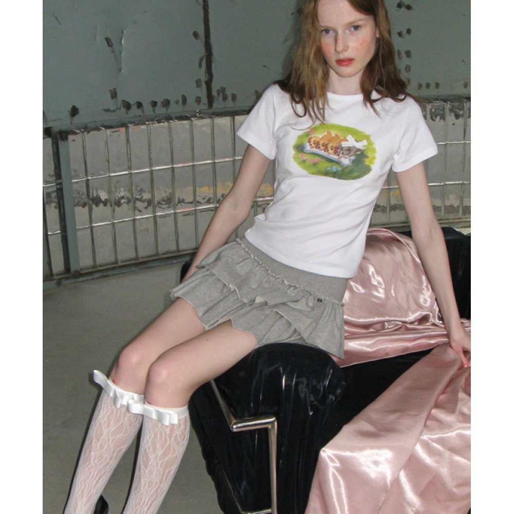 RONRON 愛らしいパピーズクロップスリムフィット T シャツホワイト