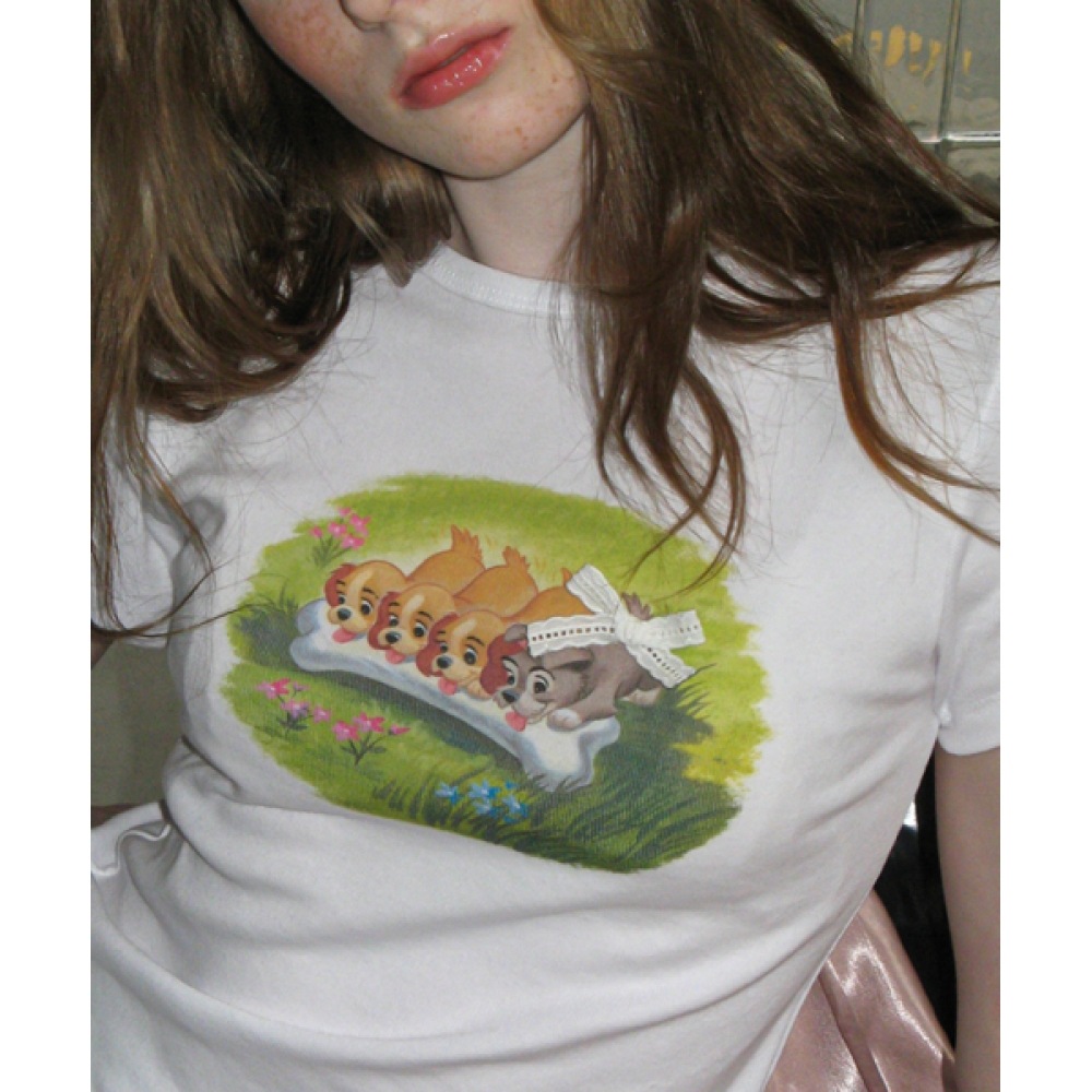 RONRON 愛らしいパピーズクロップスリムフィット T シャツホワイト