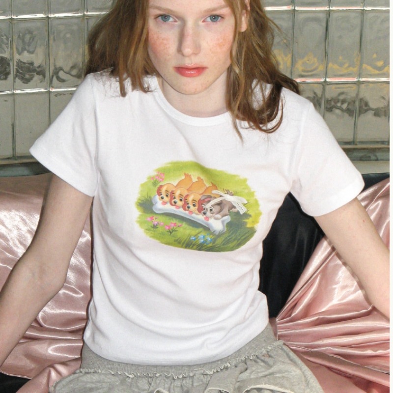 RONRON 愛らしいパピーズクロップスリムフィット T シャツホワイト