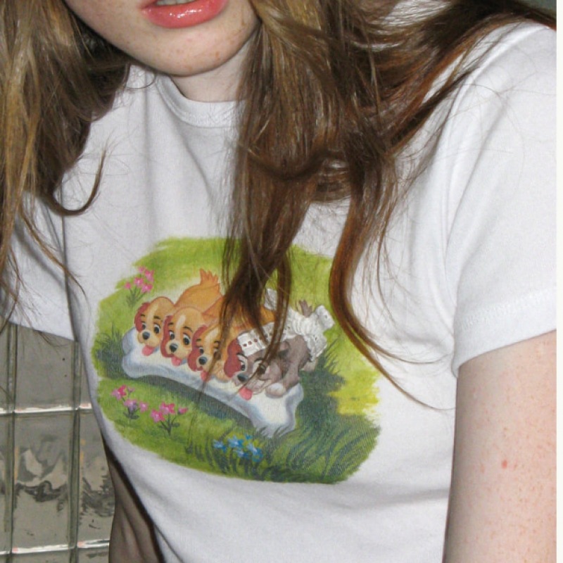 RONRON 愛らしいパピーズクロップスリムフィット T シャツホワイト