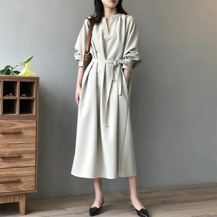 ロングワンピース 長袖 ワンピース ロングワンピース Vネック レディース 春秋 マキシ丈 ロング丈 無地 リボン付き Aライン ゆったり 綺麗 大きいサイズ 体型カバー きれいめ おしゃれ 通勤 入