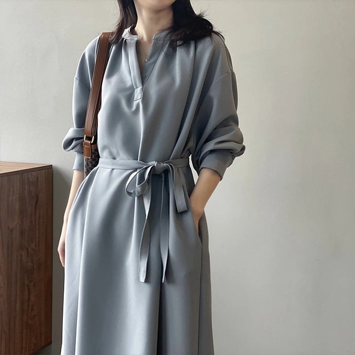 ロングワンピース 長袖 ワンピース ロングワンピース Vネック レディース 春秋 マキシ丈 ロング丈 無地 リボン付き Aライン ゆったり 綺麗 大きいサイズ 体型カバー きれいめ おしゃれ 通勤 入
