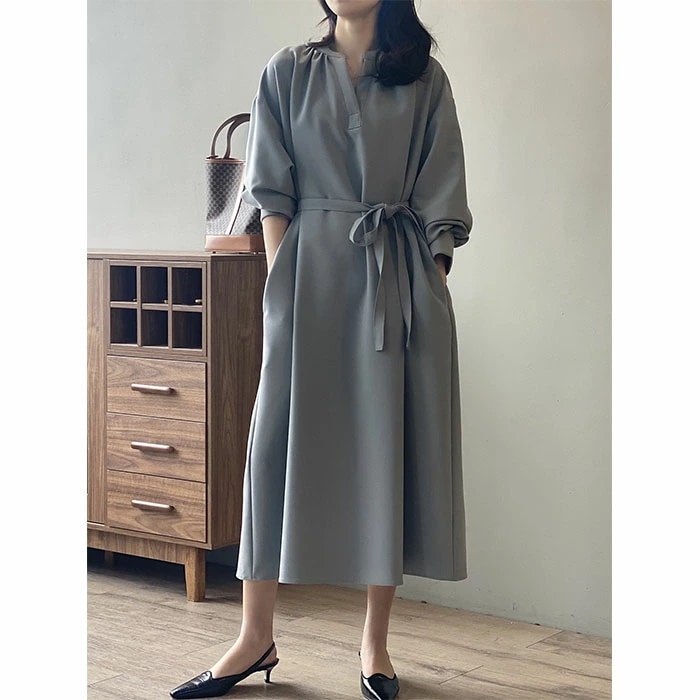 ロングワンピース 長袖 ワンピース ロングワンピース Vネック レディース 春秋 マキシ丈 ロング丈 無地 リボン付き Aライン ゆったり 綺麗 大きいサイズ 体型カバー きれいめ おしゃれ 通勤 入