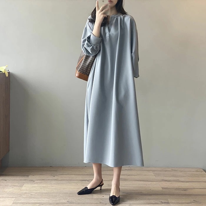 ロングワンピース 長袖 ワンピース ロングワンピース Vネック レディース 春秋 マキシ丈 ロング丈 無地 リボン付き Aライン ゆったり 綺麗 大きいサイズ 体型カバー きれいめ おしゃれ 通勤 入