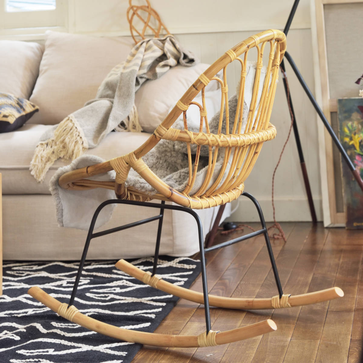 籐 ロッキングチェア アイアン脚 幅47cm