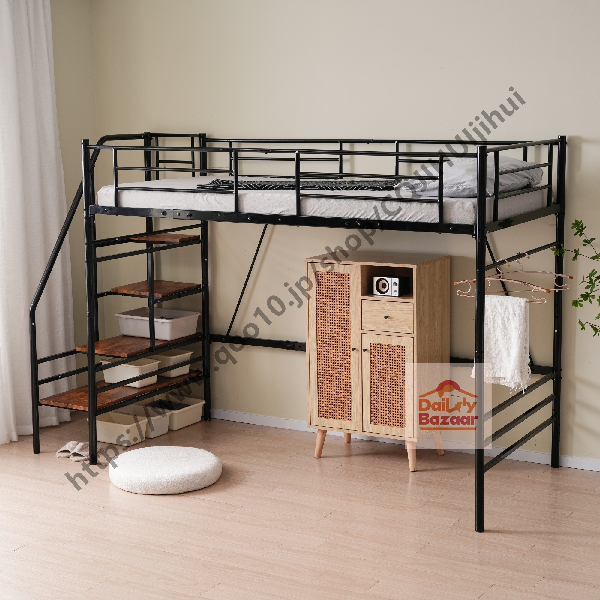 Sロフトベッド階段付きSパイプベッドシングル収納 スチール耐震【Sシングル】 ロフトベッド 階段付き S パイプベッド シングル コンセント付き 収納