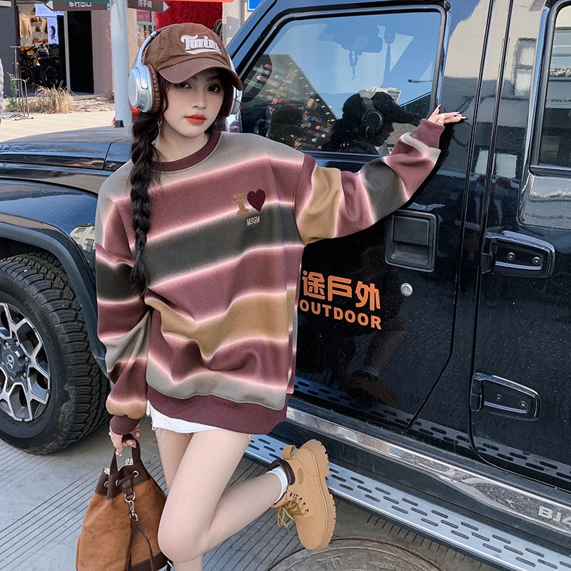 デザインスタイルのストライプのコントラストカラーの甘いラウンドネックスウェットシャツ女性用春と秋の新しいカジュアルスリムリトルトップ mdprevattcaulkingandwaterproofing.com