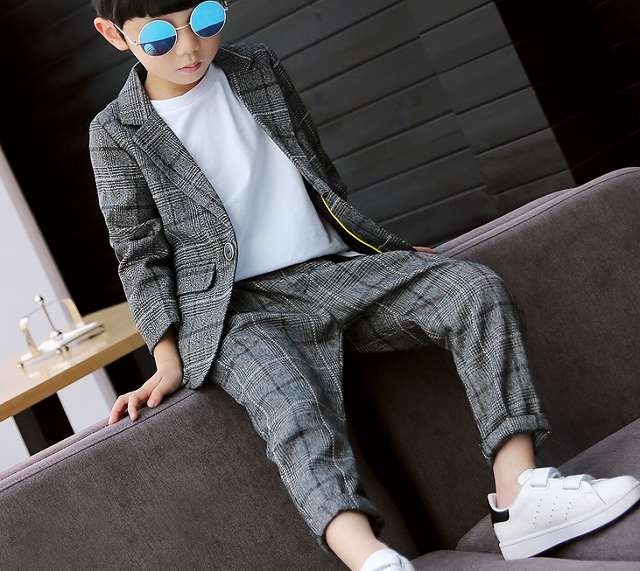 子供服 スーツ セットアップ フォーマル ジャケット ロング パンツ 2点セット チェック グレー 男の子 100cm-160cm 発表会 結婚式 入園入学 卒園卒業 送料無料