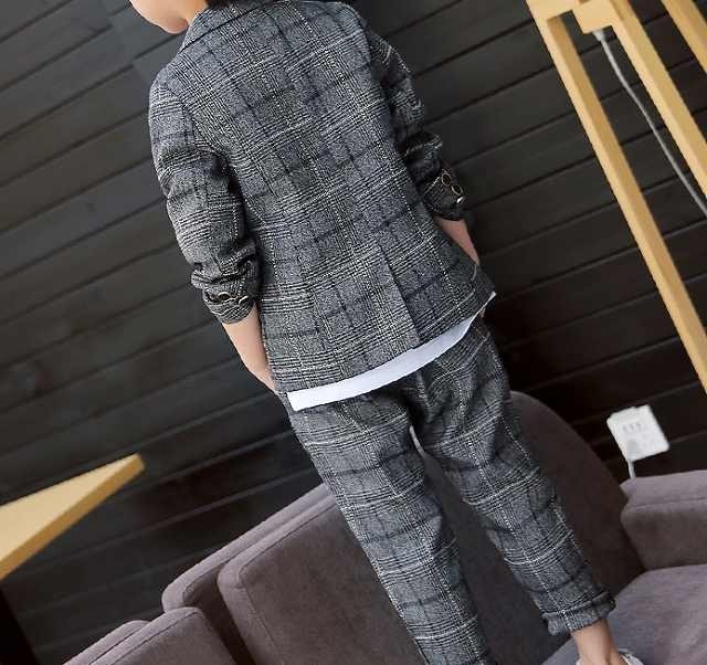 子供服 スーツ セットアップ フォーマル ジャケット ロング パンツ 2点セット チェック グレー 男の子 100cm-160cm 発表会 結婚式 入園入学 卒園卒業 送料無料