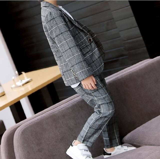 子供服 スーツ セットアップ フォーマル ジャケット ロング パンツ 2点セット チェック グレー 男の子 100cm-160cm 発表会 結婚式 入園入学 卒園卒業 送料無料