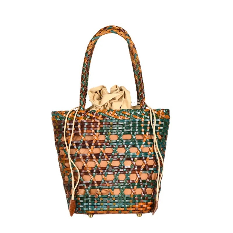 夏の新作手編みバッグ本革透かし菜バスケットバッグin網紅個性的な潮バッグ小