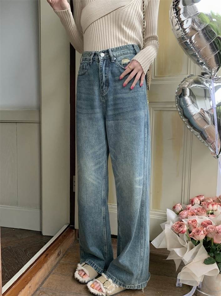 ボトムス パンツ ワイドパンツ ダメージデニム ストレートパンツ デニムパンツ ロング丈 ストレート ワイド ポケット ハイウエスト デニム 厚手 大人可愛い シンプル カジュアル 大人 お洒落 ヴィ