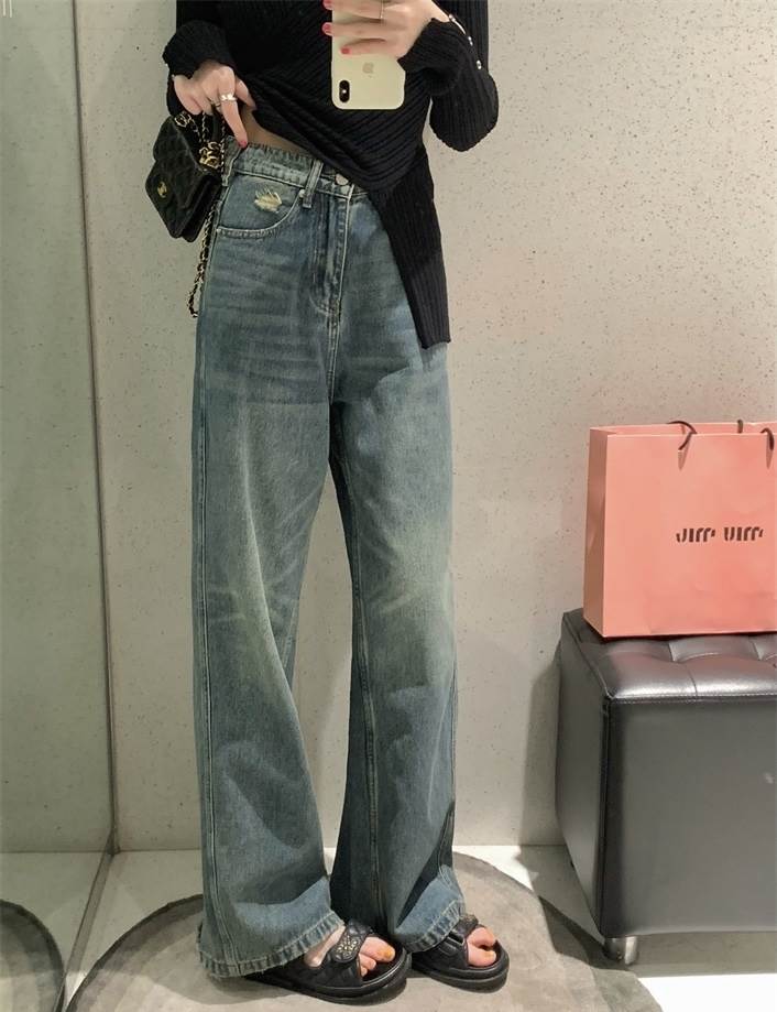 ボトムス パンツ ワイドパンツ ダメージデニム ストレートパンツ デニムパンツ ロング丈 ストレート ワイド ポケット ハイウエスト デニム 厚手 大人可愛い シンプル カジュアル 大人 お洒落 ヴィ