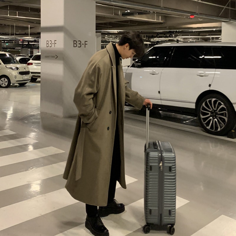 ダークホワイト秋冬メンズ新作ウールコートメンズミドル丈韓国風