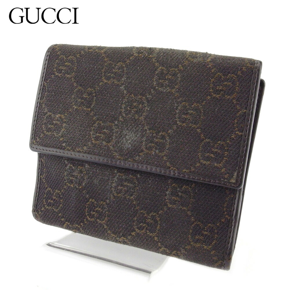 Wホック 財布 二つ折り GGキャンバス メンズ ブラウン ベージュ シルバー 中古