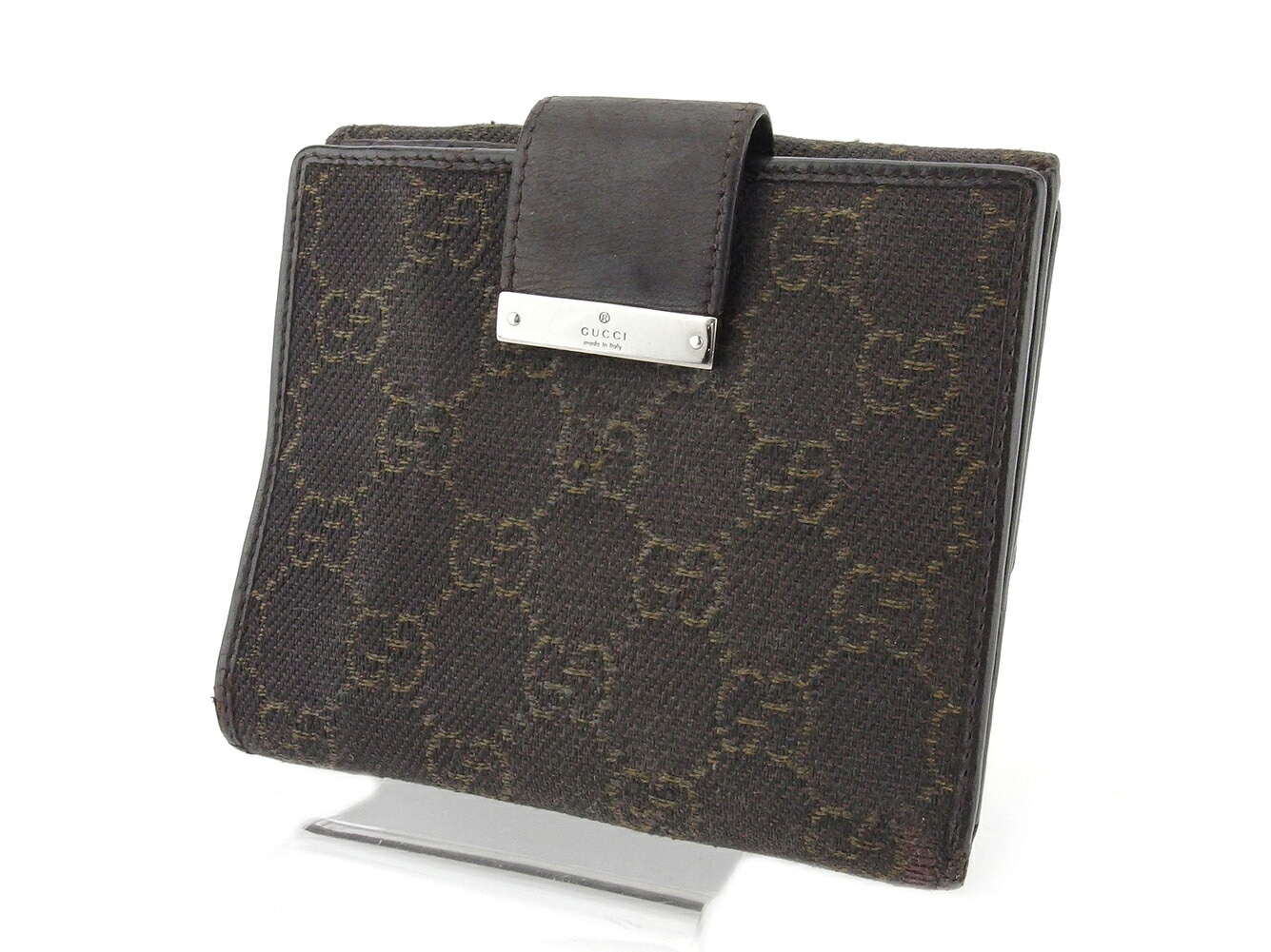 Wホック 財布 二つ折り GGキャンバス メンズ ブラウン ベージュ シルバー 中古