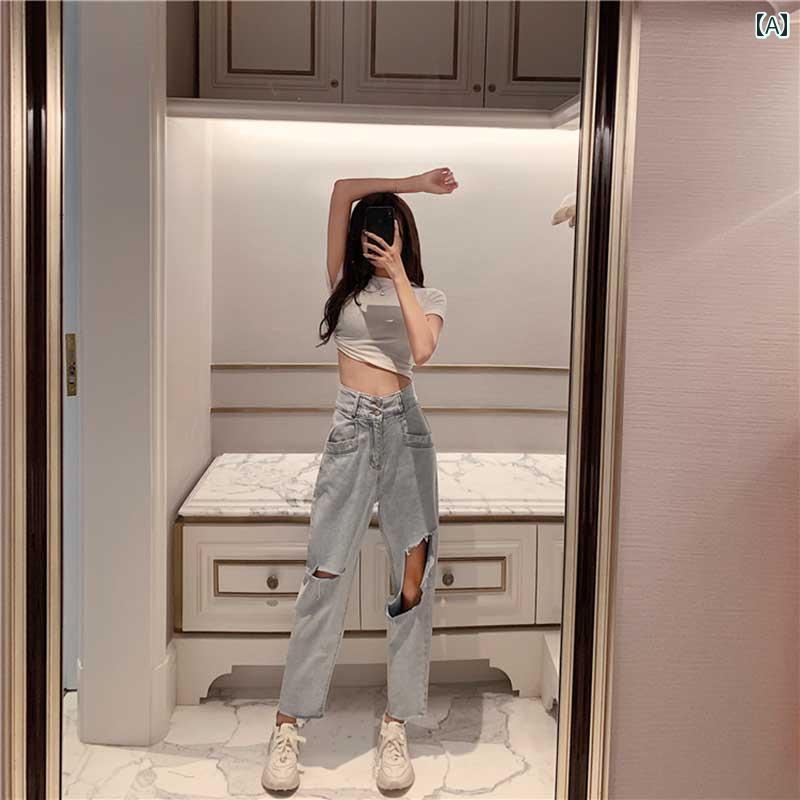 デニムパンツ レディース ダメージ ジーンズ クラッシュ ボトムス 夏 ハイウエスト ストレート パンツ 韓国 カジュアル ブルー