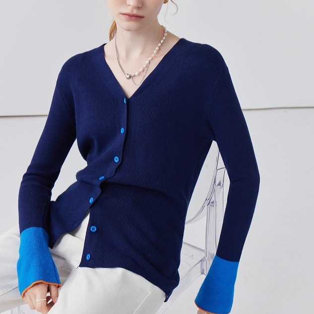 トップス カーディガン ニットカーディガン ミディアム丈 長袖 Vネック 前開き ボタン ツートンカラー かわいい 大人可愛い きれいめ シンプル 上品 おしゃれ かっこいい レトロ きちんと