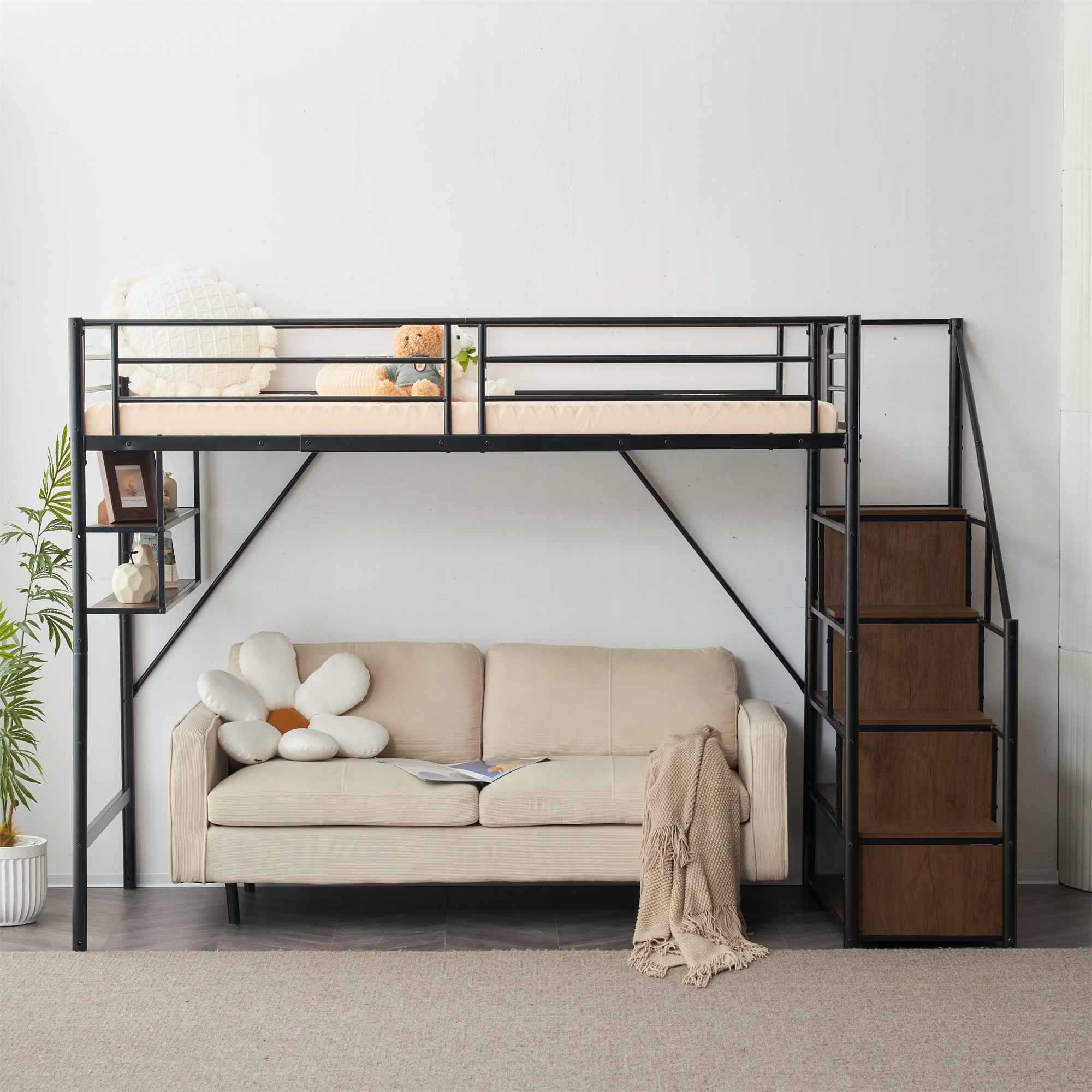 新作 ブラック　ロフトベッド 片側手すり付き 収納付き パイプベッド 新作 ブラック ロフトベッド 片側手すり付き 収納付き パイプベッドの