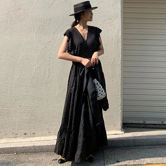 【急速出荷!】新作！袖 フリル ドット ロング ワンピース 大人 可愛い フェミニン リゾート 普段使い 水玉 マキシワンピース プール ビーチ 夏ワンピース リゾート 海 プール　フレア カシュクー