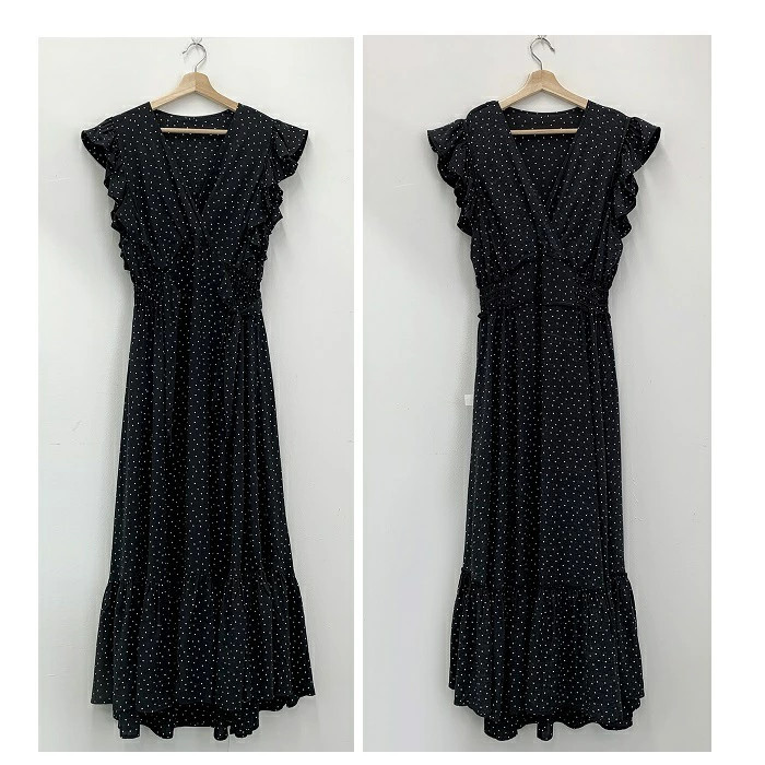 【急速出荷!】新作！袖 フリル ドット ロング ワンピース 大人 可愛い フェミニン リゾート 普段使い 水玉 マキシワンピース プール ビーチ 夏ワンピース リゾート 海 プール　フレア カシュクー