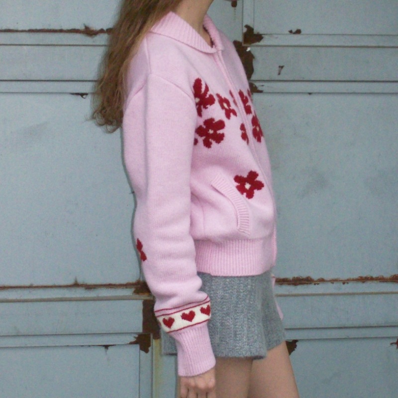 SINOON フラワーニットジップアップ (ピンク)