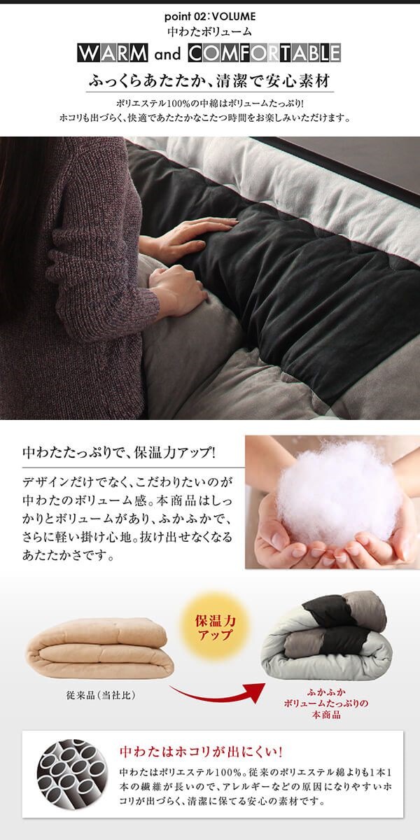 スウェード調パッチワーク こたつ布団 [tsudoi]ツドイ こたつ用掛け布団単品 4尺長方形（80x120cm）天板対応 サイレントブラック