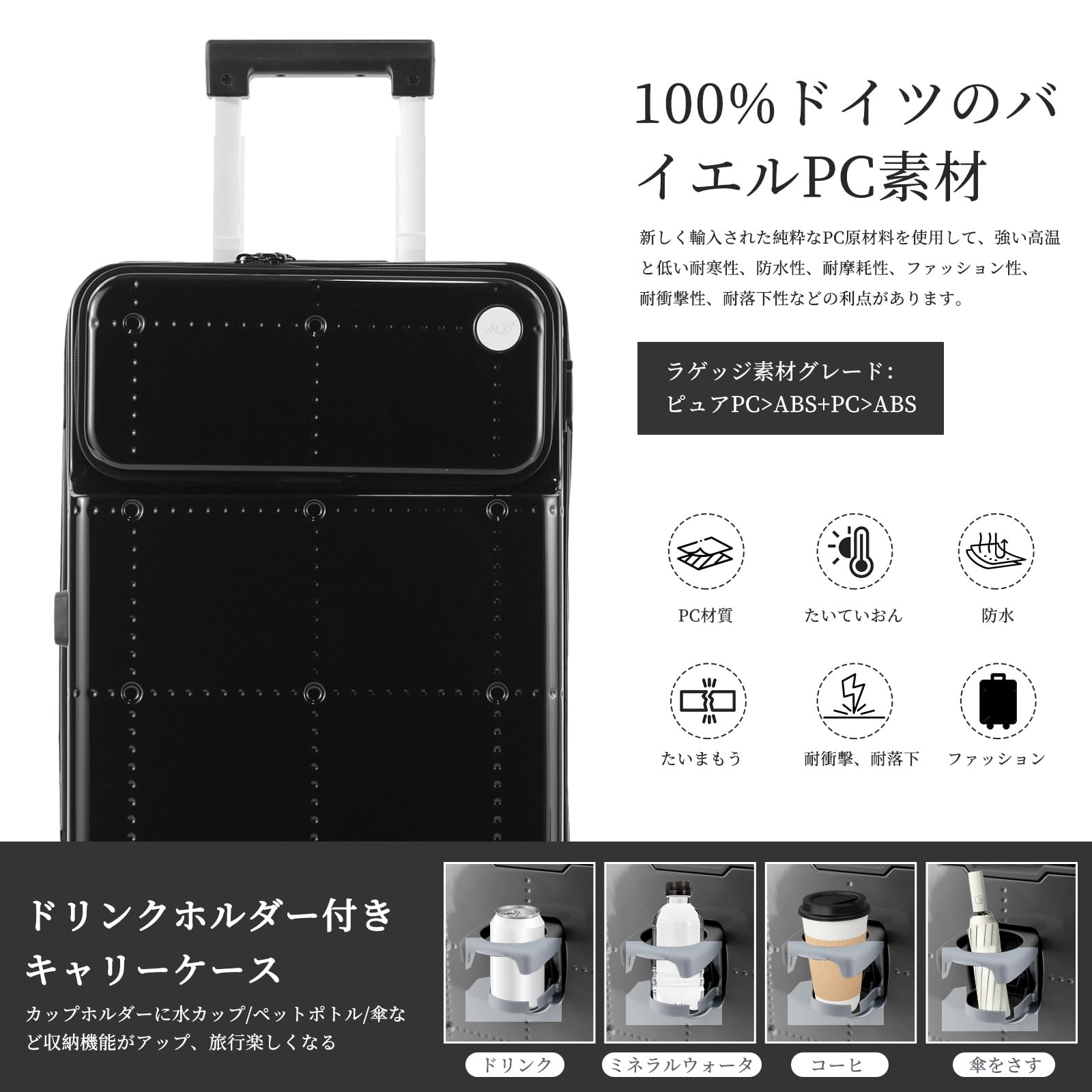 [Oritatanda] スーツケース 機内持込 S ブラック キャリーケース トップオープン USB充電 多機能 アルミフレーム TSAロック ダブルキャスター ファッション