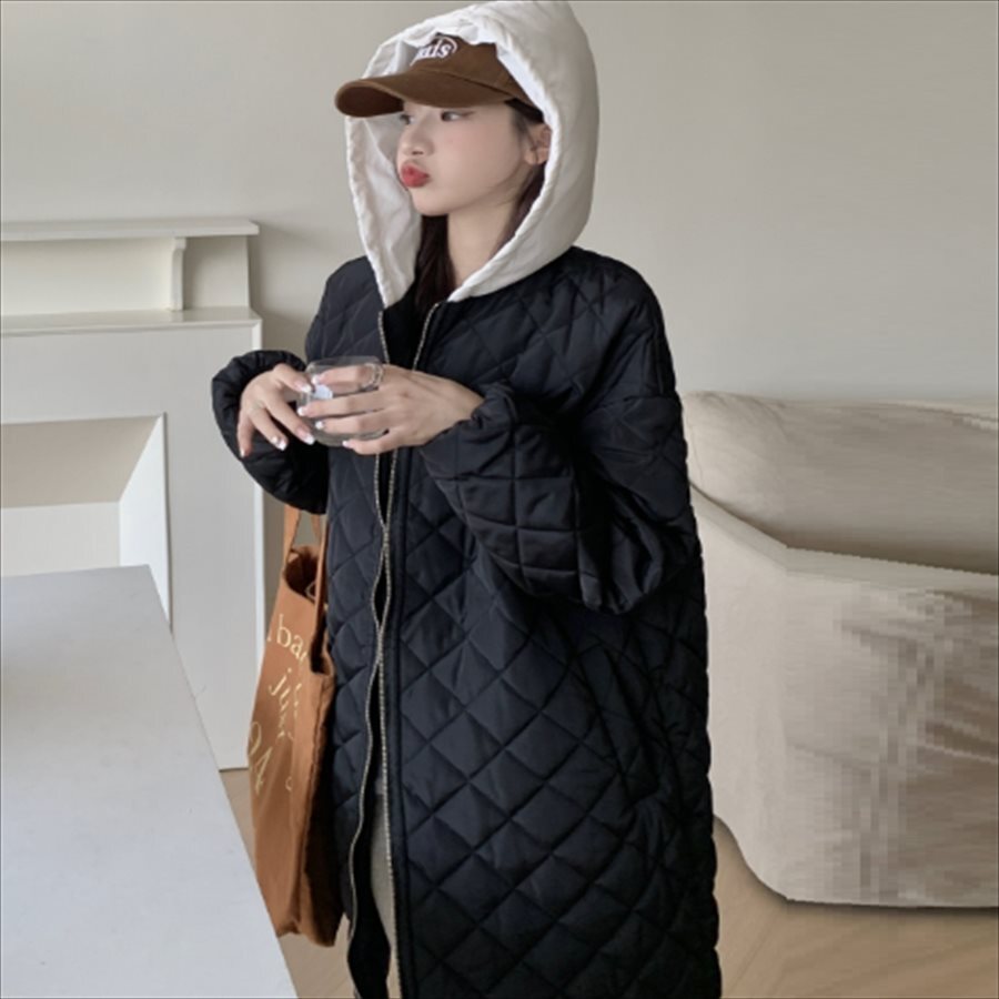 フード付きキルティングジャケットアウター ロングコート ジャケット 羽織り 2色 ダウンジャケット ロング ロング丈 袖あり 長袖 Vネック フレア Aライン フード付き ポケット