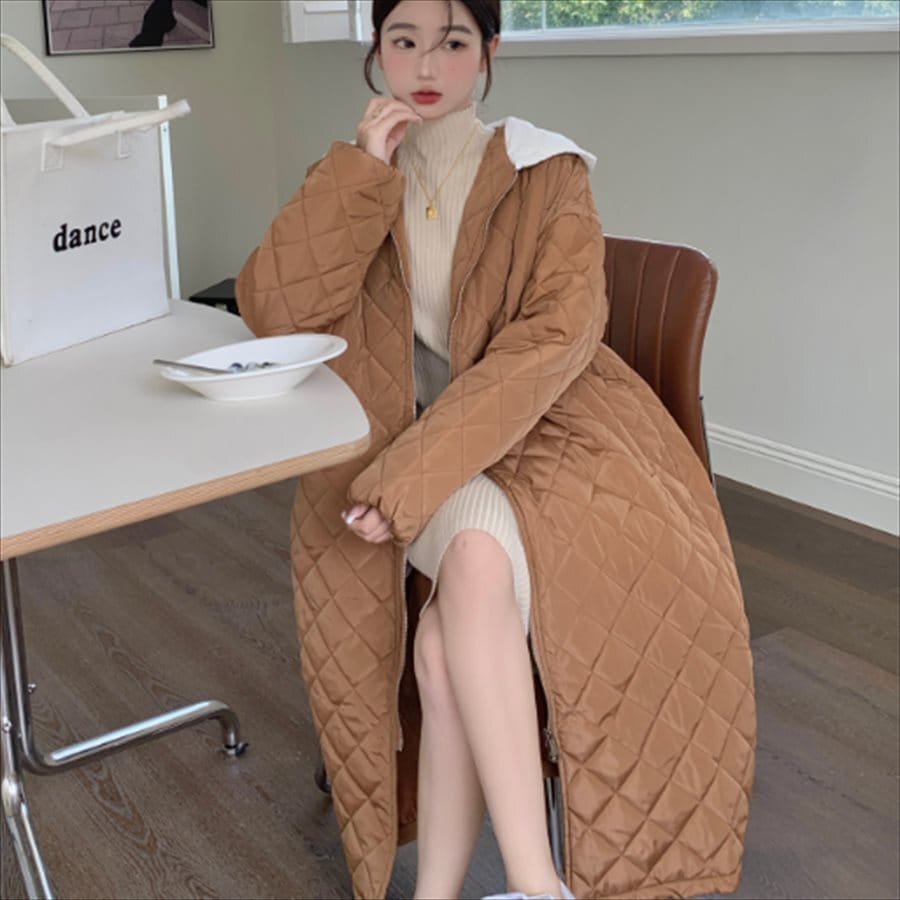 フード付きキルティングジャケットアウター ロングコート ジャケット 羽織り 2色 ダウンジャケット ロング ロング丈 袖あり 長袖 Vネック フレア Aライン フード付き ポケット