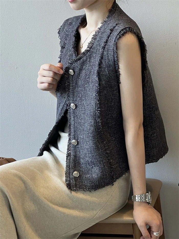 【急速出荷】ベスト フリンジ レディース トップス クルーネック アウター ノースリーブ 羽織り カーディガン ボタン トラッド きれいめ カジュアル 上品 レイヤード 体型カバー 春夏 秋冬 春 秋