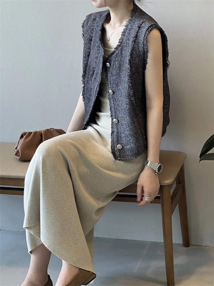 【急速出荷】ベスト フリンジ レディース トップス クルーネック アウター ノースリーブ 羽織り カーディガン ボタン トラッド きれいめ カジュアル 上品 レイヤード 体型カバー 春夏 秋冬 春 秋