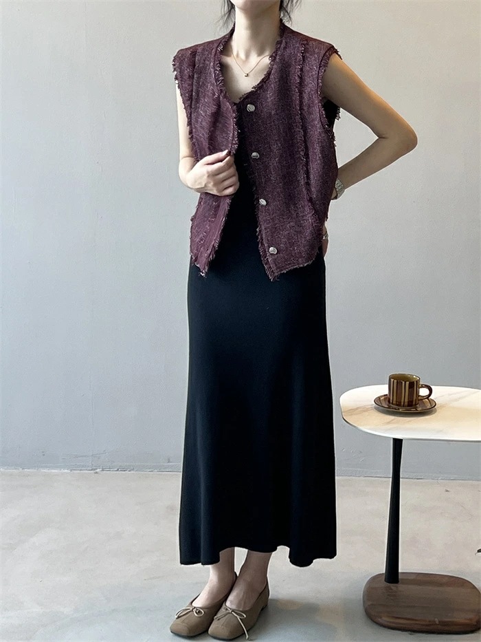 【急速出荷】ベスト フリンジ レディース トップス クルーネック アウター ノースリーブ 羽織り カーディガン ボタン トラッド きれいめ カジュアル 上品 レイヤード 体型カバー 春夏 秋冬 春 秋