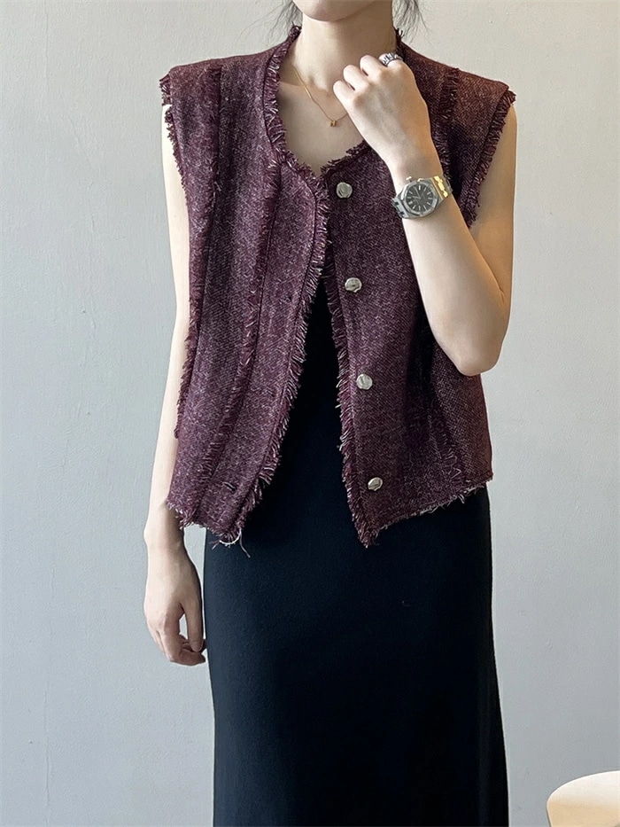 【急速出荷】ベスト フリンジ レディース トップス クルーネック アウター ノースリーブ 羽織り カーディガン ボタン トラッド きれいめ カジュアル 上品 レイヤード 体型カバー 春夏 秋冬 春 秋