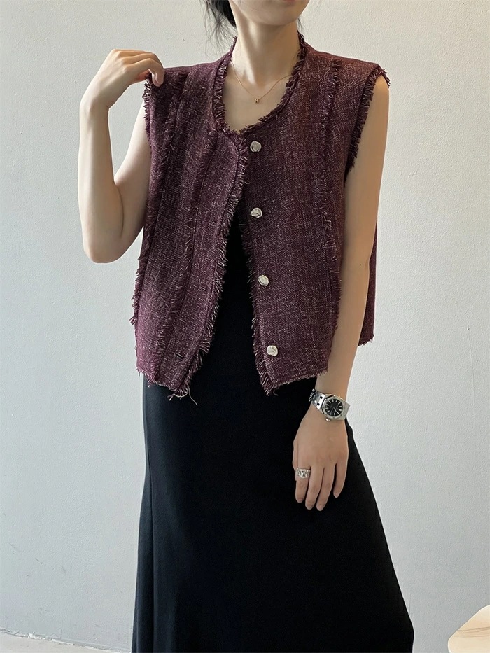 【急速出荷】ベスト フリンジ レディース トップス クルーネック アウター ノースリーブ 羽織り カーディガン ボタン トラッド きれいめ カジュアル 上品 レイヤード 体型カバー 春夏 秋冬 春 秋