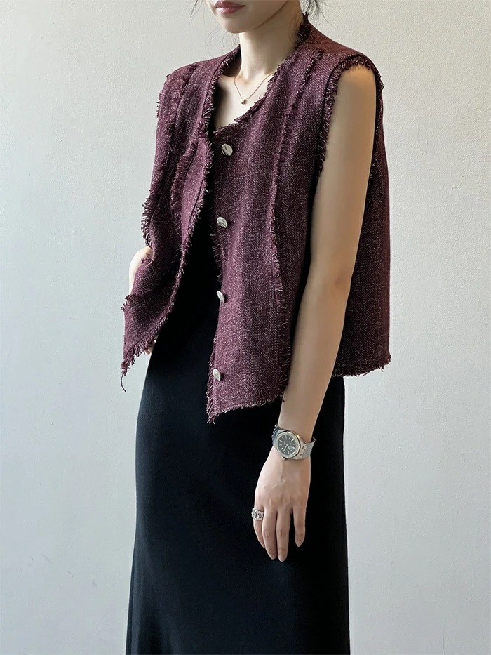 【急速出荷】ベスト フリンジ レディース トップス クルーネック アウター ノースリーブ 羽織り カーディガン ボタン トラッド きれいめ カジュアル 上品 レイヤード 体型カバー 春夏 秋冬 春 秋