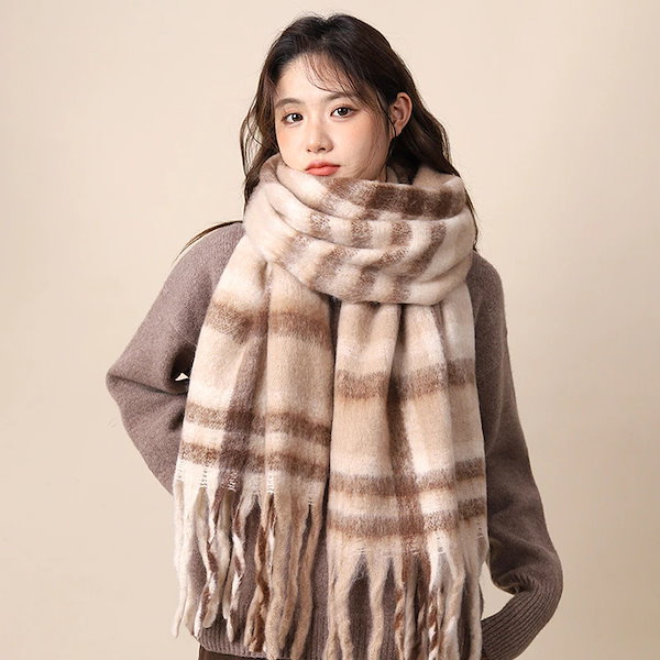 Qoo10] マフラー 女性 冬チェック柄 ストール