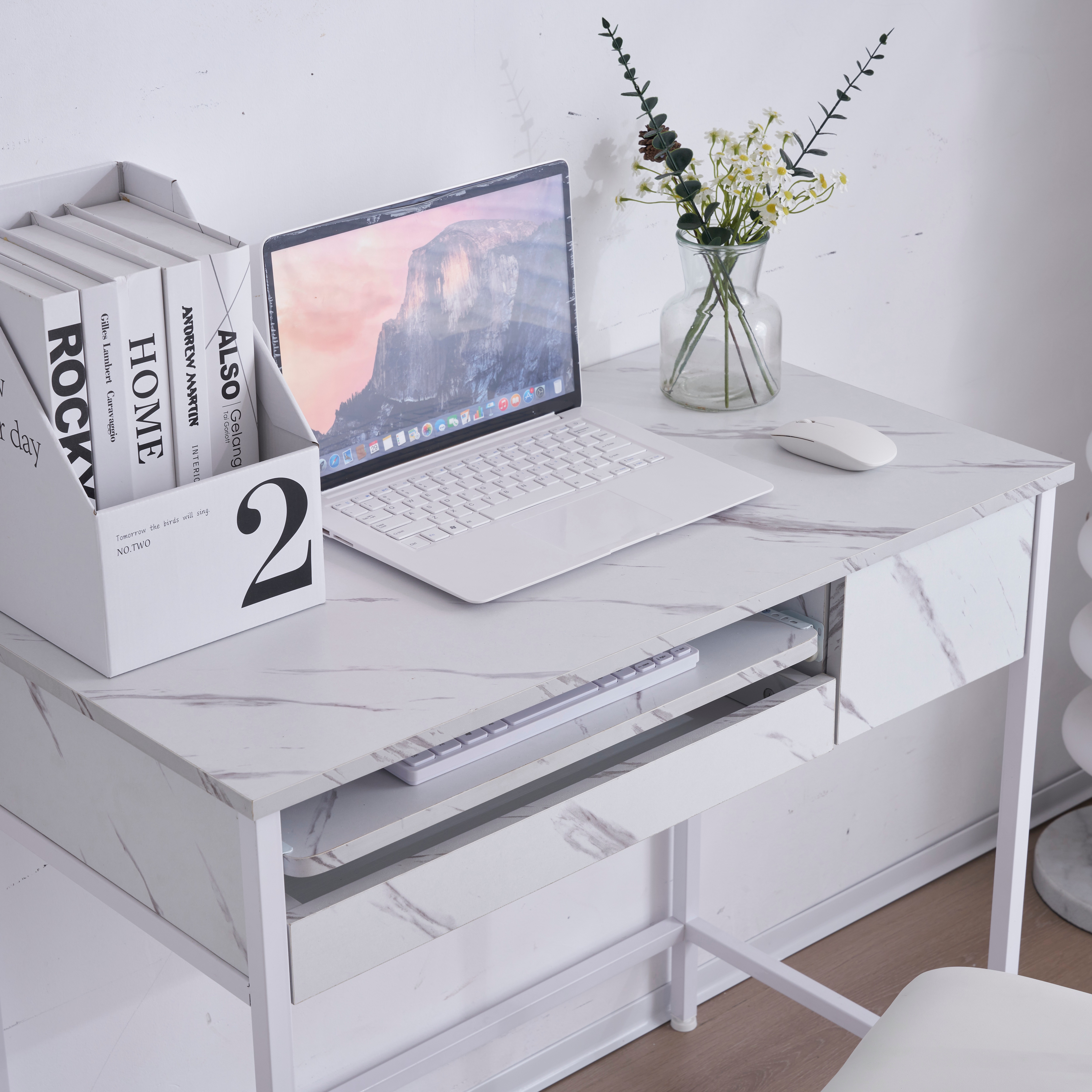 【国内発送,送.料無料】A99【新品登場】【ホワイト】パソコンデスク 引き出し付き 収納台 pcデスク 机 大理石柄 おしゃれ キーボード付 ミシン台 学習机 勉強机 新作