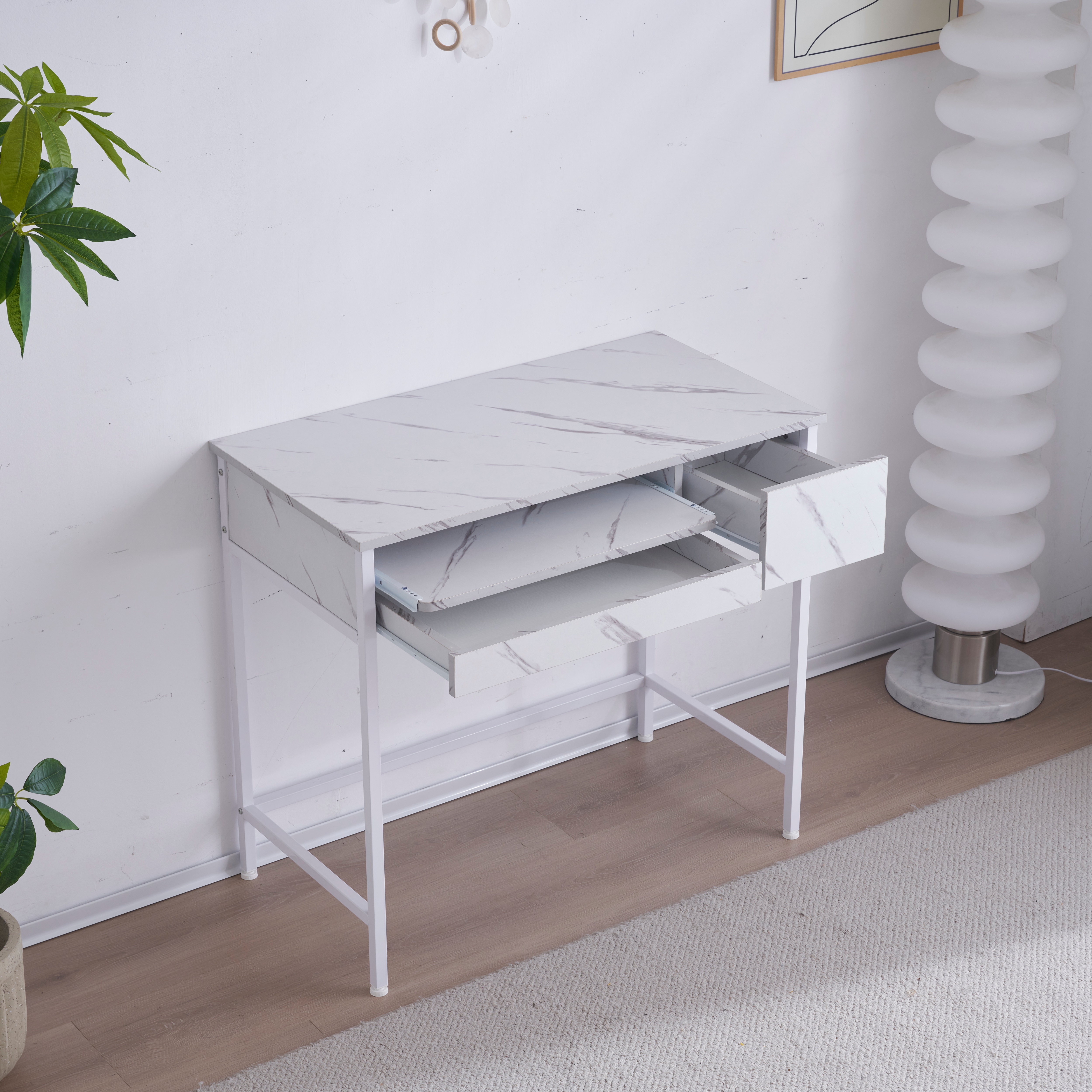 【国内発送,送.料無料】A99【新品登場】【ホワイト】パソコンデスク 引き出し付き 収納台 pcデスク 机 大理石柄 おしゃれ キーボード付 ミシン台 学習机 勉強机 新作