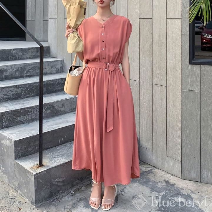 ワンピース レディース Aライン ミモレ丈 ウエストベルト シフォン フレンチスリーブ ノーカラー( コーラルピンク, 2XL) ワンピース レディース Aライン ミモレ丈 ウエストベルト シフォン フレンチスリーブ ノーカラー( コーラルピンク, 2XL)