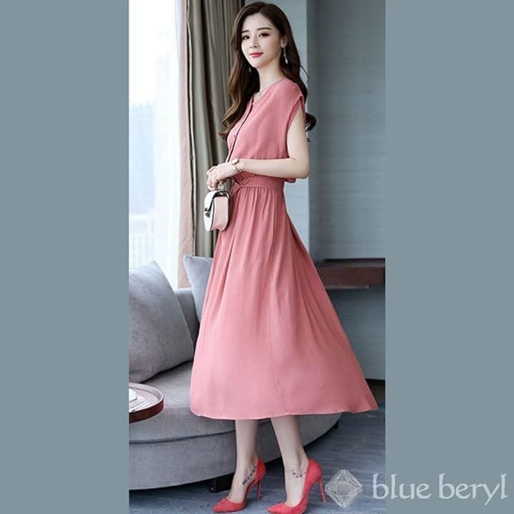 ワンピース レディース Aライン ミモレ丈 ウエストベルト シフォン フレンチスリーブ ノーカラー( コーラルピンク, 2XL) ワンピース レディース Aライン ミモレ丈 ウエストベルト シフォン フレンチスリーブ ノーカラー( コーラルピンク, 2XL)