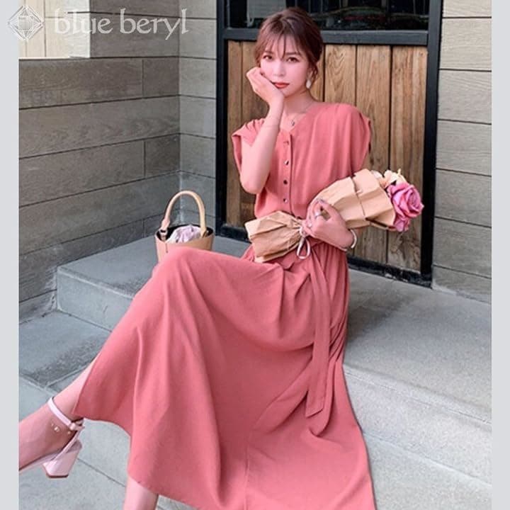 ワンピース レディース Aライン ミモレ丈 ウエストベルト シフォン フレンチスリーブ ノーカラー( コーラルピンク, 2XL) ワンピース レディース Aライン ミモレ丈 ウエストベルト シフォン フレンチスリーブ ノーカラー( コーラルピンク, 2XL)