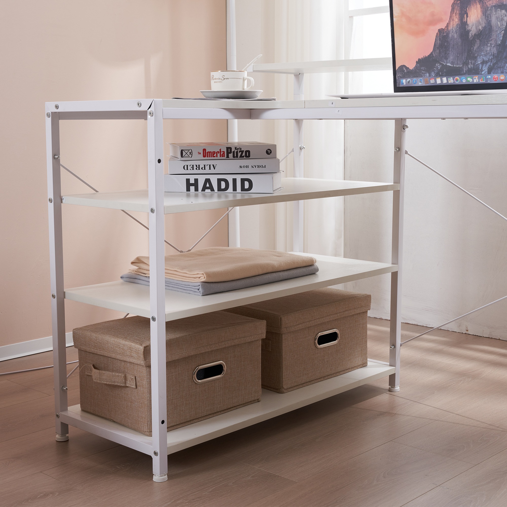 【国内発送&送·料·無·料】【オフィスチェア+パソコンデスク セット& 120cm 【人気商品改良タイプ&【ホワイト&パソコンデスク L字 3段ラック付 ミシン台 デスク木製 ハイデスク付き 書斎机