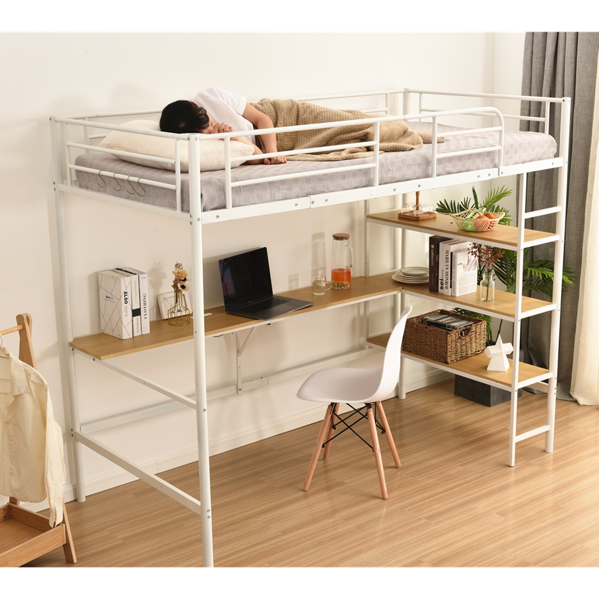 ロフトベッド シングル パイプベッド 収納棚 デスク付き 北欧風