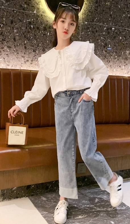 【子ども】女の子 かわいい 大きな襟シャツとジーンズ 2点セット 黄色 白 長袖 ブラウス 110 120 130 140 150cm