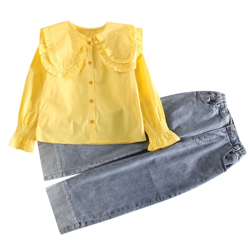 【子ども】女の子 かわいい 大きな襟シャツとジーンズ 2点セット 黄色 白 長袖 ブラウス 110 120 130 140 150cm