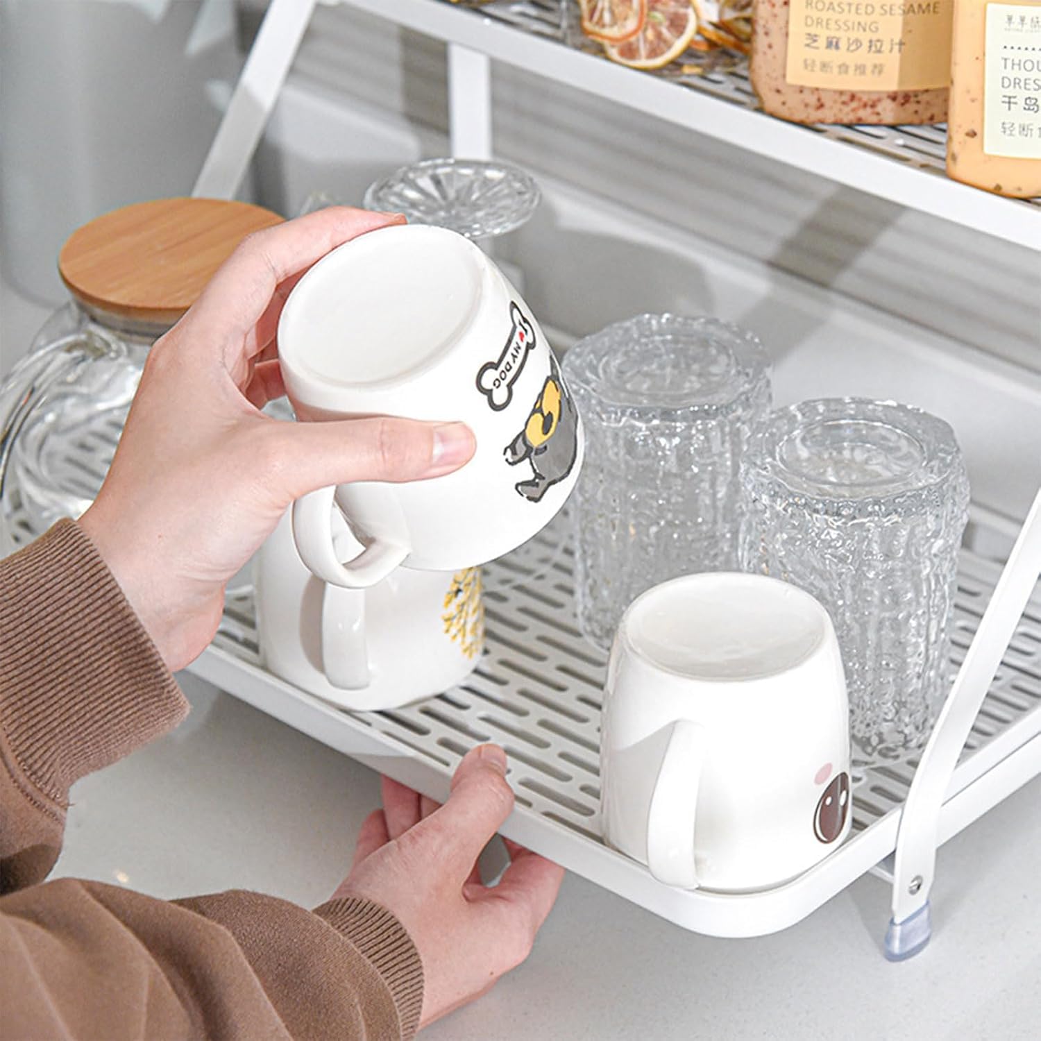 SLLS 水切りトレー コップホルダー 水切りトレイ付きカウンター上コップスタンド 台所収納 水筒スタンド 速乾 使いやすいデザイン (Large)