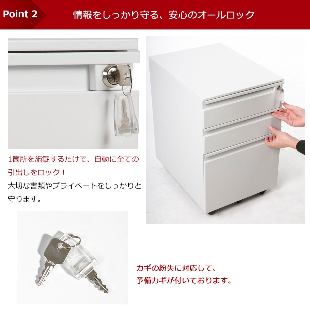【国内出荷は送.料.無.料】オフィスワゴン（ホワイト+ブラック）デスクワゴン 完成品 サイドワゴン 1年安心保証 オフィスワゴン 大容量 3段 組立て不要 キャスター付き 鍵付き ホワイト ブラック_4